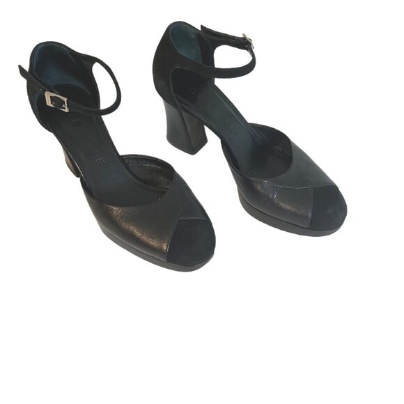 Celine Blk Leather/Suede Mary Jane’s Round Toe Chunky Heels Gold Buckle Size 37 - Picture 2 of 13